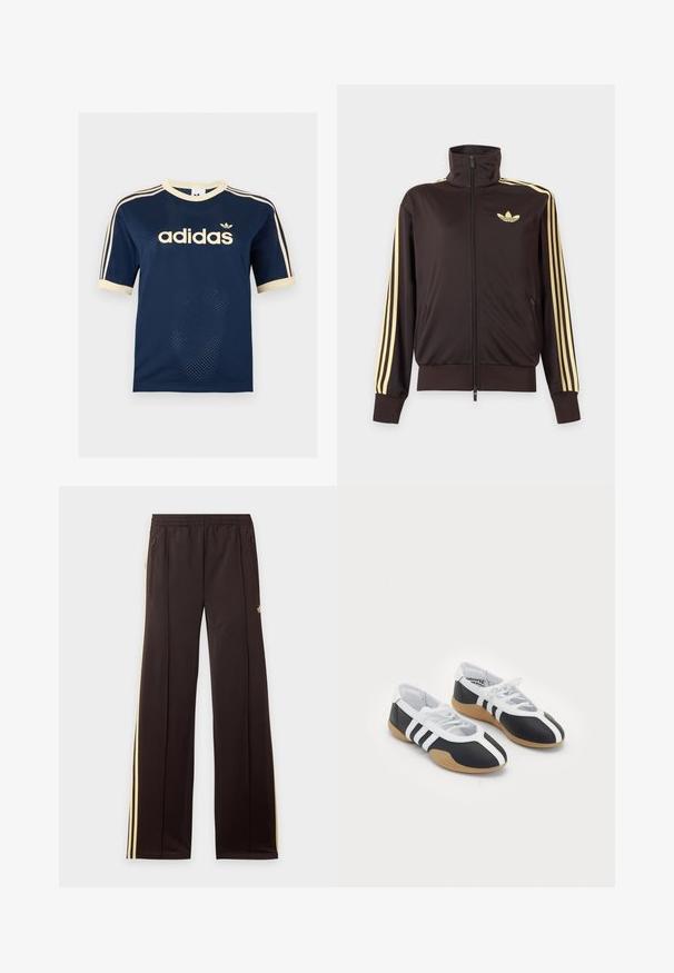 Svart treningsjakke med glidelås og høy krage, lysegule striper på ermene og Adidas trefoil-logo på venstre bryst.; Marineblå Adidas nett kortermet skjorte med kremfarget kant, tre kremfargede striper på ermene og Adidas-logo på brystet.; Sorte treningsbukser med gule sidestriper, elastisk midjebånd, glidelåslommer på siden og en liten logo på øvre lår.; Sorte og hvite sportssko med et elegant design, gummisåle, snøring og tre hvite striper på sidene.