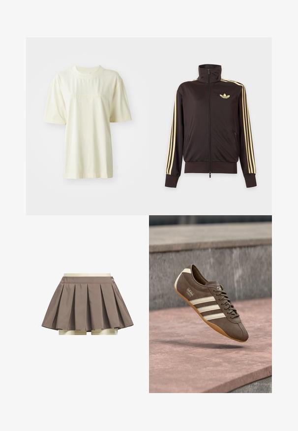 Zwarte joggingjas met rits en hoge kraag, lichtgele strepen op de mouwen en Adidas trefoil-logo op de linkerborst.; Romiggekleurig katoenen T-shirt met een ronde hals, korte mouwen en een reliëf "adidas" logo op de borst. Gladde textuur en relaxte pasvorm.; Bruine geplooide tennisrok met ingebouwde beige short eronder, weergegeven op een witte achtergrond.; Bruine suède sneaker met witte strepen en merklogo's, voorzien van een ronde neus en een zool van tandgumrubber, zwevend boven een getextureerd oppervlak.