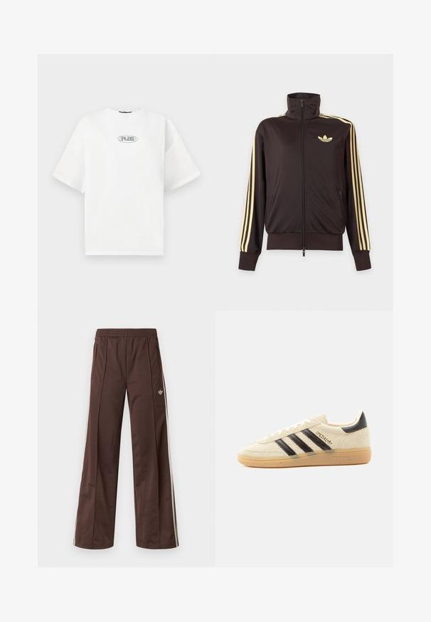 Zwarte joggingjas met rits en hoge kraag, lichtgele strepen op de mouwen en Adidas trefoil-logo op de linkerborst.; Witte T-shirt met korte mouwen van katoen, met een grafisch logo in het groen binnen een ovale vorm in het midden van de borst.; Bruine sportbroek met een wijd uitlopende pijp, witte zijstrepen, een elastische tailleband en twee zijzakken. Heeft een klein logo op het been.; Crèmekleurige suède sneaker met zwarte strepen, rubberen zool, zwart hieltabje en gouden "SPEZIAL" tekst aan de zijkant.