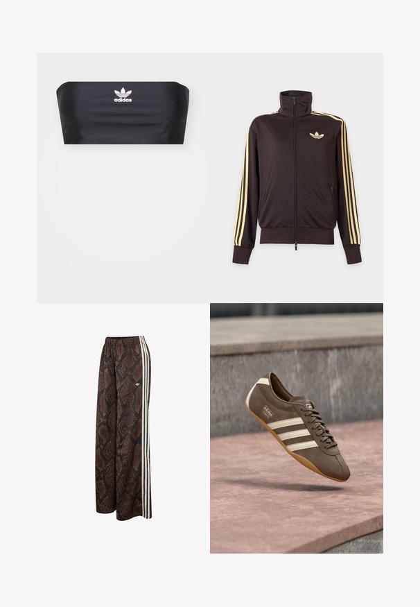 Čierna športová bunda na zips s vysokým golierom, svetložlté pruhy na rukávoch a logo Adidas trefoil na ľavej strane hrude.; Čierny bandeau top vyrobený z hladkej textílie, s bielym logom Adidas umiestneným v strede na prednej strane, bez ďalších vzorov alebo ozdôb.; Široké nohavice s hnedo-čiernym vzorom hadovej kože, bielymi bočnými pruhmi a elastickým pásom, s malým logom Adidas.; Hnedá semišová teniska s bielymi pruhmi a logom, so zaoblenou špičkou a podrážkou z gumy farby gumy, zavesená nad štruktúrovaným povrchom.