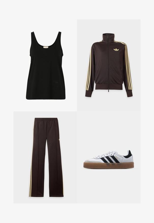 Zwarte joggingjas met rits en hoge kraag, lichtgele strepen op de mouwen en Adidas trefoil-logo op de linkerborst.; Zwarte mouwloze tanktop van zachte katoen, met een ronde hals en een ontspannen pasvorm, zonder zichtbare patronen of hardwaredetails.; Zwarte trainingsbroek met gele zijstrepen, elastische tailleband, ritszakken aan de zijkant en een klein logo op het bovenbeen.; Witte leren sneakers met zwarte strepen, gumrubberen buitenzool, ronde neus, vetersluiting en een zachte grijze suède neuskap.