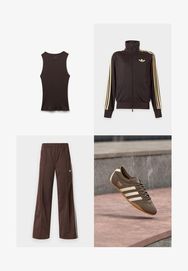 Zwarte joggingjas met rits en hoge kraag, lichtgele strepen op de mouwen en Adidas trefoil-logo op de linkerborst.; Zwart geribd mouwloos hemdje met een ronde halslijn, plat liggend weergegeven op een witte achtergrond.; Bruine sportbroek met een wijd uitlopende pijp, witte zijstrepen, een elastische tailleband en twee zijzakken. Heeft een klein logo op het been.; Bruine suède sneaker met witte strepen en merklogo's, voorzien van een ronde neus en een zool van tandgumrubber, zwevend boven een getextureerd oppervlak.