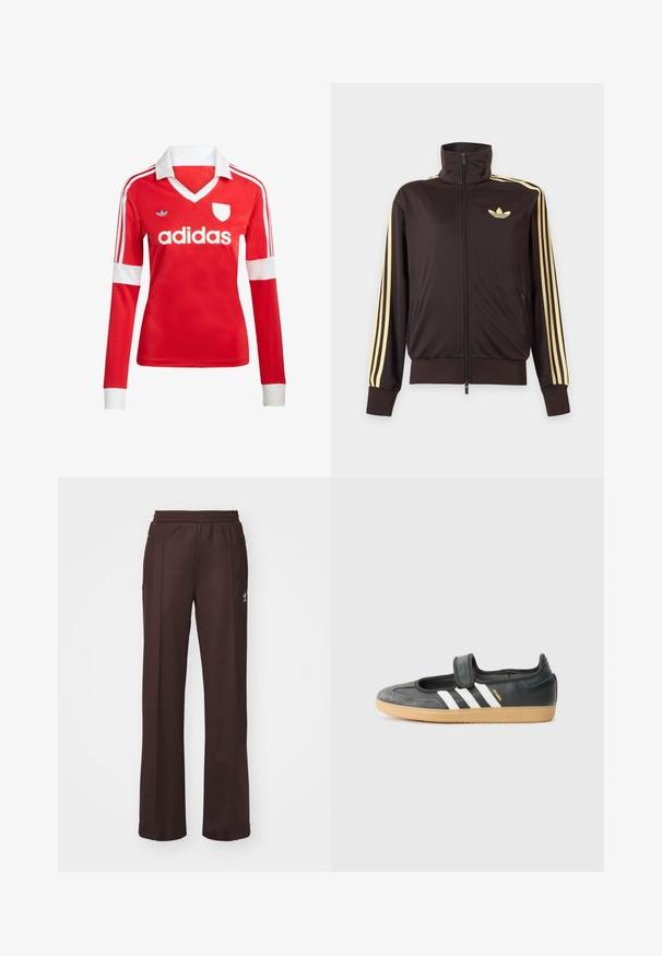 Čierna športová bunda na zips s vysokým golierom, svetložlté pruhy na rukávoch a logo Adidas trefoil na ľavej strane hrude.; Červený futbalový dres s dlhým rukávom a bielym golierom a manžetami. Na ramenách sú tri biele pruhy a výrazne zobrazené logo "adidas".; Hnedé športové nohavice s elastickým pásom, dvoma bočnými vreckami a malým logom na ľavej strane, vyrobené z mäkkej látky.; Čierne kožené a zamšové tenisky s Velcro pásikom, s tromi bielymi pruhmi a gumenou podrážkou, označené nápisom "SAMBA" na boku.