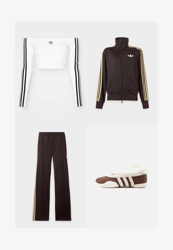 Čierna športová bunda na zips s vysokým golierom, svetložlté pruhy na rukávoch a logo Adidas trefoil na ľavej strane hrude.; Biely dlhý rukáv top bez ramienok v pružnom materiáli. Má čierne trojprúžkové akcenty na rukávoch a malé čierne logo na hrudi.; Čierne tepláky so žltými bočnými pruhmi, elastickým pásom, bočnými vreckami na zips a malým logom na hornej časti stehna.; Hnedá a biela baletná balerína s tromi bielymi pruhmi a mašľou na zviazanie okolo členku na jednoduchom svetlom pozadí.