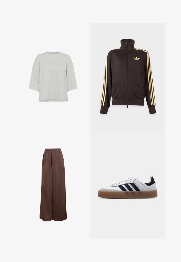 Chaqueta deportiva negra con cremallera y cuello alto, con rayas amarillas claras en las mangas y logo de Adidas trefoil en el pecho izquierdo.; Top de color gris claro, de manga corta y fabricado en tejido suave. Presenta un escote redondo y un sutil detalle de costura en el frontal. Corte regular.; adidas Originals Pantalones deportivos - auburn cream white; Zapatillas de cuero blancas con rayas negras, suela de goma, puntera redonda, cierre de cordones y caperuza de ante gris suave.