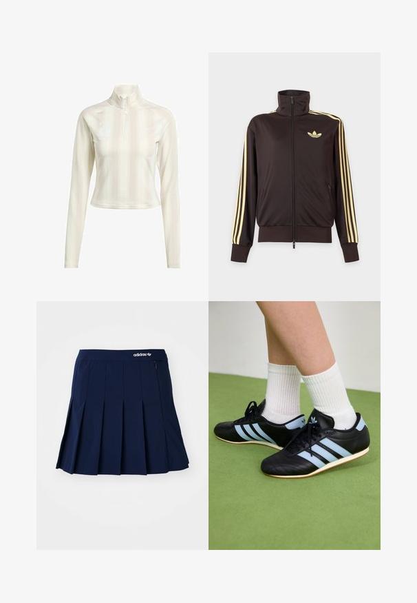 Zwarte joggingjas met rits en hoge kraag, lichtgele strepen op de mouwen en Adidas trefoil-logo op de linkerborst.; Witte langesleeve zip-up top met hoge kraag, met subtiele verticale strepen en logo-accenten op de borst en mouw. Zachte stofstructuur.; Marineblauwe plooienrok van lichtgewicht stof; heeft een elastische tailleband en een klein zipvak, met een wit Adidas-logo op de voorkant.; Zwarte leren sportschoenen met lichtblauwe strepen, gemêleerde bovenkant en rubberen zolen, gecombineerd met witte geribde sokken op groene vloer.