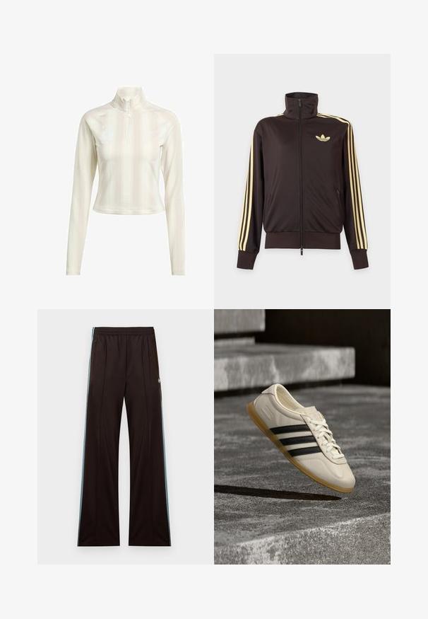 Chaqueta deportiva negra con cremallera y cuello alto, con rayas amarillas claras en las mangas y logo de Adidas trefoil en el pecho izquierdo.; Sudadera blanca de manga larga con cremallera y cuello alto, que presenta sutiles rayas verticales y logotipos en el pecho y la manga. Textura de tela suave.; Pantalones de chándal negros de pierna ancha con franjas laterales azul claro, cintura elástica, bolsillos con cremallera y logo de Adidas en la cadera izquierda.; Zapatilla blanca con rayas negras y suela de goma suspendida sobre escaleras de hormigón en luz diurna suave.