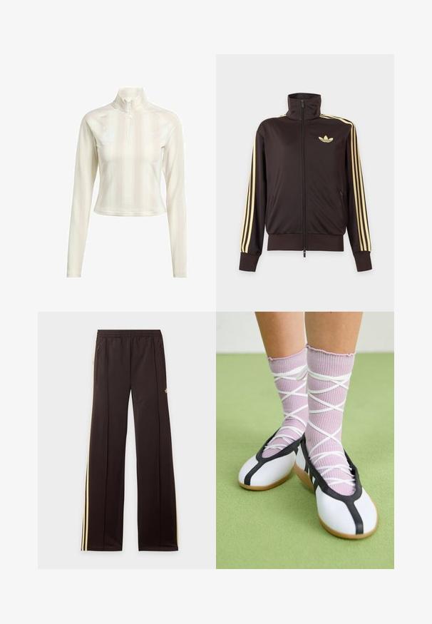 Chaqueta deportiva negra con cremallera y cuello alto, con rayas amarillas claras en las mangas y logo de Adidas trefoil en el pecho izquierdo.; Sudadera blanca de manga larga con cremallera y cuello alto, que presenta sutiles rayas verticales y logotipos en el pecho y la manga. Textura de tela suave.; Pantalones de chándal negros con rayas amarillas laterales, cintura elástica, bolsillos laterales con cremallera y un pequeño logo en el muslo superior.; Piernas con calcetines lavanda acanalados con tiras blancas cruzadas combinados con bailarinas blancas con ribete negro sobre un suelo verde.