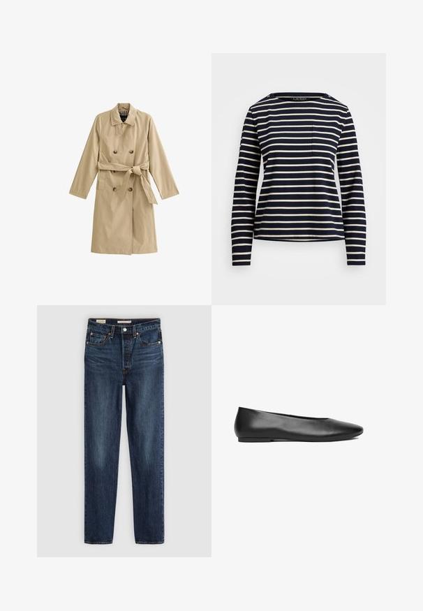 Beige trenchcoat van lichtgewicht stof, met een dubbele rij knopen, een ceintuur in de taille, twee zijzakken en een gevoerde kraag.; Marineblauw langemouwshirt met witte horizontale strepen, een ronde hals en een klein borstzakje. Beschikt over knoopaccenten op de schouder.; Diepblauwe rechte jeans met vijf zakken, knoop- en ritssluiting, en contrasterende stiksels.; Zwarte leren platte ballerinaschoen met puntige neus en lage hak, zijaanzicht op witte achtergrond.
