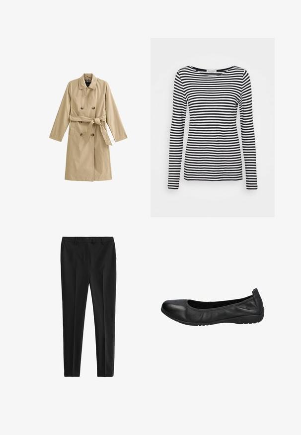Beige trenchcoat lavet af letvægtsstof, dobbeltrækket design, bælte i taljen, med to sidelommer og en foret krave.; Langærmet T-shirt med rund hals, prydet med et sort-hvidt stribet mønster. Fremstillet af blødt stof med regular fit. Renset, minimalistisk design.; Sorte bukser lavet af glat stof, med skræddersyet pasform, frontfolder og bæltestropper, samt sidelommer og baglommer.; Sorte læder balletflade med rund tå, glat overflade og en let elastisk kant for komfort. Gummisål for godt greb.