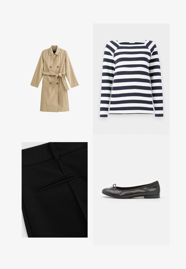 Beige trenchcoat van lichtgewicht stof, met een dubbele rij knopen, een ceintuur in de taille, twee zijzakken en een gevoerde kraag.; TOM TAILOR STRIPED CARRE NECK - Longsleeve - lunar eclipse/off white; Zwarte broek van gladde stof, met een vlakke voorkant en een enkele achterzak met een gleufopening.; Zwarte leren ballerina's met een ronde neus, een klein strikaccent aan de voorkant en een lage, rechthoekige hak. Gladde textuur.
