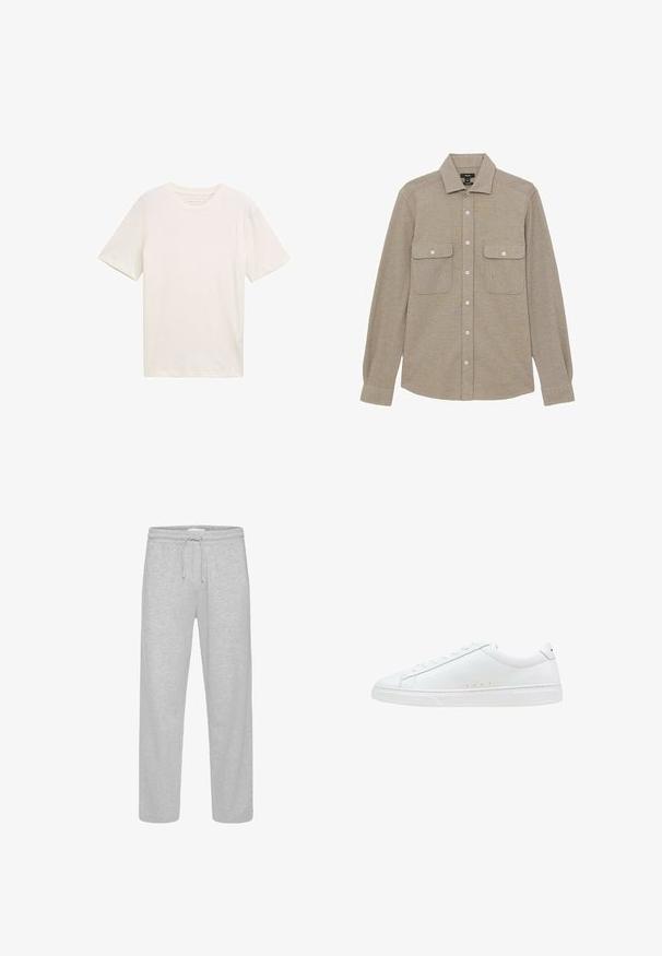 Beige langærmet skjorte lavet af et blødt stof, med en knaplukning foran, to brystlommer og en klassisk krave.; Kortærmet T-shirt med rund hals i off-white bomuld. Har en afslappet pasform med glat tekstur og ingen bemærkelsesværdige mønstre eller accenter.; Grå joggingbukser med snøre i taljen, lige ben, blød tekstur og uden synlige mønstre eller detaljer.; Hvide snørestøvler med en glat læderlignende overdel, rundet tå, flad gummisål og diskrete syninger på siderne.
