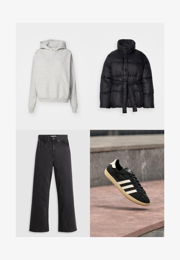 Veste doudoune noire avec un col haut, une taille ceinturée et des fermetures à boutons. Fabriquée en tissu brillant avec un design matelassé et une texture douce.; Sweat à capuche gris avec une poche avant, capuche à cordon et poignets côtelés. Fabriqué en tissu doux et texturé, il présente un design à coupe décontractée.; Jeans larges en denim noir à taille haute, avec cinq poches et une fermeture à bouton en métal. Le tissu a une texture lisse et légèrement décolorée.; Baskets Adidas noires avec des bandes blanches et une semelle beige, capturées en plein air au-dessus d'une surface en pierre et d'un mur en pierre en arrière-plan.