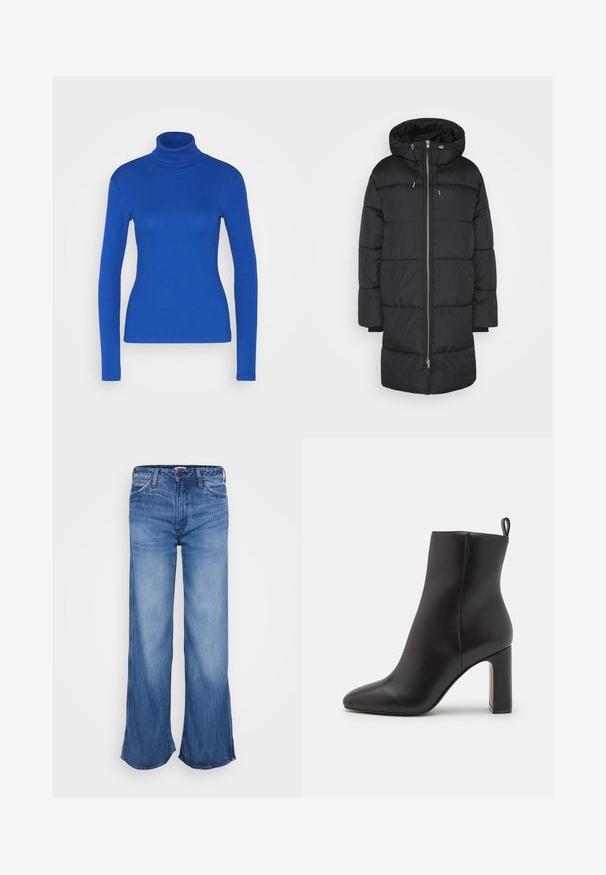 Minimum MAILINE - Zimný kabát - black; Modrý dlhý rukáv turtleneck top vyrobený z rebrového materiálu, s priliehavým strihom a hladkou textúrou. Žiadne ďalšie detaily nie sú prítomné.; Modré rifle s vysokým pásom a širokými nohavicami, mierne vyblednuté na stehnách, štandardný dizajn s piatimi vreckami a zapínaním na gombík v páse.; Čierne kožené členkové topánky s špicatou špičkou, cylindrickým vysokým podpätkom a slučkovou pútkom na zadnej strane pre jednoduché obúvanie. Hladká textúra.