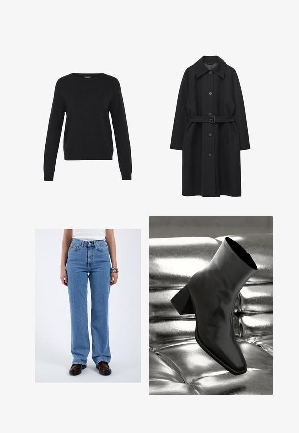Manteau long en laine noire avec large col, fermeture à boutons sur le devant, ceinture ajustable à la taille et deux poches latérales.; Pull en tricot noir à manches longues, col rond et ourlet côtelé. Texture douce et design minimal avec aucune motif ni accent visible.; Personne portant un jean droit taille haute bleu clair, un haut blanc, des chaussures marron foncé et des bracelets chaîne argentés au poignet droit.; Botte noire à la cheville en matériau brillant avec un bout carré et un talon effilé, sur un fond argenté brillant et capitonné.