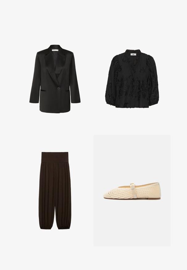 Sort satin blazer med slået krave, enkelt kraveknap, sidelommer og trekvartærmer. Glat tekstur og skræddersyet pasform.; Sort bluse med lange ærmer, puffede ærmer, flæset halsudskæring og sort blomsterbroderi over det hele.; Brune plisserede bukser med en bred, elastisk talje. Stoffet er let og tekstureret med indsamlede sømme ved benens afslutninger.; Beige flad Mary Jane sko med vævet tekstur og spænde, spids tå og lav hæl på hvid baggrund.