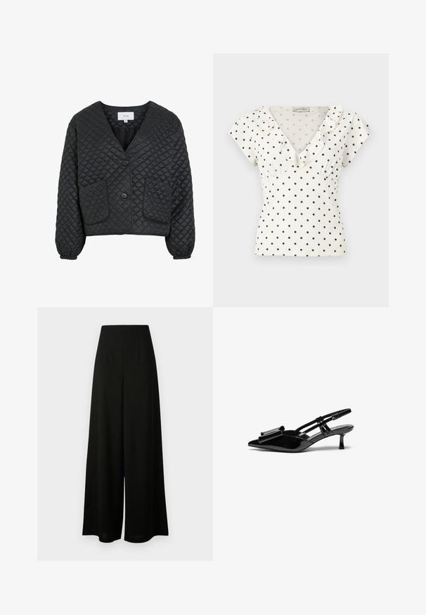 Chaqueta negra acolchada con escote en V, dos bolsillos frontales y cierre de botones. Presenta puños elásticos y un acabado texturizado y suave.; Blusa blanca de manga corta con lunares negros, escote en V y volante en el borde del cuello.; Vero Moda Tall VMLIVA SUPER WIDE PANTS - Pantalones - black; Zapatos de tacón slingback de charol negro con punta afilada, detalle de lazo en el frente y un pequeño tacón de aguja. Las correas tienen hebillas ajustables.