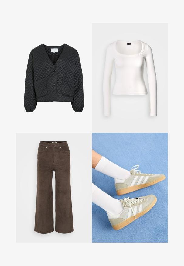 Veste noire matelassée avec un col en V, deux poches avant et fermeture à boutons. Présente des poignets élastiqués et une finition lisse et texturée.; Haut blanc à manches longues avec un col arrondi. Confectionné en tissu côtelé, il présente une coupe ajustée et une texture lisse avec une finition sans coutures.; Pantalons larges en velours côtelé marron avec une texture en côtes, cinq poches et une fermeture à bouton à l'avant. Présente une étiquette au niveau de la taille.; Baskets en suède gris clair avec des accents en caoutchouc blanc, arborant trois rayures blanches et une semelle en gomme, portées avec des chaussettes blanches sur un fond bleu.