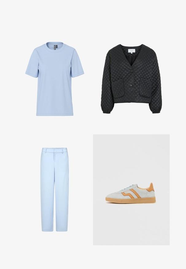 Veste noire matelassée avec un col en V, deux poches avant et fermeture à boutons. Présente des poignets élastiqués et une finition lisse et texturée.; T-shirt bleu clair à manches courtes en tissu doux, avec un col rond classique et sans motifs ni accessoires visibles.; Pantalon bleu clair en tissu lisse, présentant une coupe droite, des passants de ceinture, et une fermeture éclair frontale avec un bouton.; Baskets en daim gris clair avec des accents en cuir marron clair, semelle en gomme et lacets bleu clair, présentées de profil sur un fond blanc.