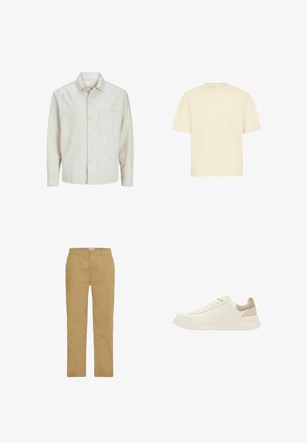 Chemise beige à manches longues en coton, avec un col classique, une poche poitrine et une coupe décontractée. Texture lisse et douce.; T-shirt beige clair à manches courtes avec un col rond. Tissu en coton doux, coupe décontractée et design simple sans motifs ni accents visibles.; Chinos kaki en coton, avec une coupe droite, fermeture à bouton et un style classique à quatre poches. Texture lisse et couture minimale.; Baskets basses de couleur blanc cassé avec semelle épaisse, fermeture à lacets à l'avant, et patch de talon en daim beige, vues de profil.
