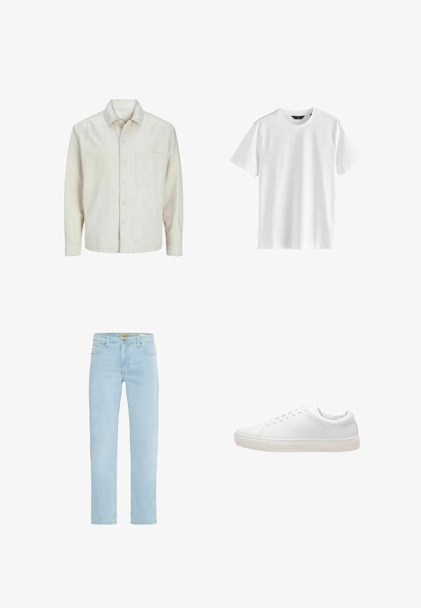 Beige Hemd mit Knopfleiste aus Baumwolle, klassischem Kragen, langen Ärmeln, einer Brusttasche und lockerer Passform. Glatte, weiche Textur.; Einfaches weißes T-Shirt mit kurzen Ärmeln und Rundhalsausschnitt aus glattem Stoff und einem schwarzen Etikett am Kragen.; Hellblaue Denim-Jeans mit geradem Schnitt, traditionellem Fünf-Taschen-Design sowie einem Messingknopf und Reißverschlussverschluss vorne.; Weiße Leder-Sneaker mit glatter Textur, runder Zehenpartie, Schnürverschluss und flacher Gummisohle. Minimalistisches Design ohne sichtbare Muster.