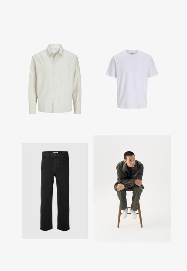 Beige knap-skjorte lavet af bomuld med klassisk krave, lange ærmer, en brystlomme og en afslappet pasform. Glat, blød tekstur.; Enkelt hvid T-shirt med korte ærmer og rund halsåbning, med en lige kant forneden, vist på en hvid baggrund.; Sorte denim straight-leg jeans har et klassisk fem-lomme design med knaplukning, minimal syning og en blød tekstur.; Ung mand i mørk læderjakke og jeans sidder på en træskammel, læner sig fremad med armene krydset og kigger til siden mod hvid baggrund.