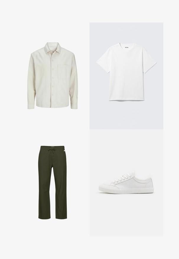 Beige knap-skjorte lavet af bomuld med klassisk krave, lange ærmer, en brystlomme og en afslappet pasform. Glat, blød tekstur.; Hvid kortærmet crewneck T-shirt lagt fladt ud, ensfarvet design, med "WEEKDAY" mærkat inde i kraven på en lys baggrund.; Olivegrønne bukser med snor i taljen, lige ben, blød stoftekstur og en diskret logotag foran.; Hvide sneakers med en glat læderoverdel, rund tå, flad gummisål og seks øjestik til snørebånd. Subtile syninger og minimalistisk design.