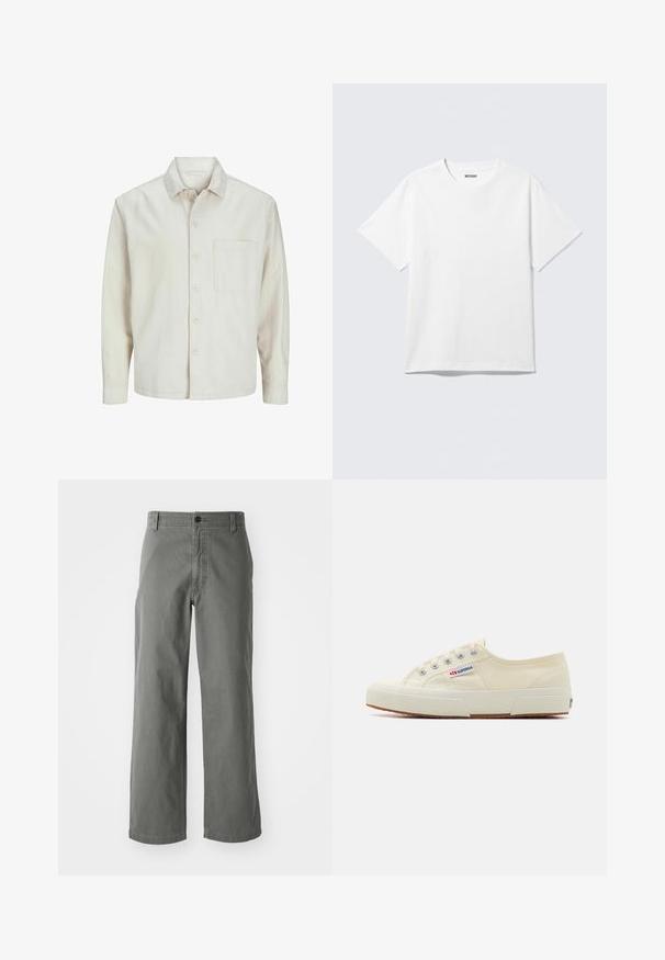 Chemise beige à manches longues en coton, avec un col classique, une poche poitrine et une coupe décontractée. Texture lisse et douce.; T-shirt blanc à manches courtes et col rond, étalé à plat, design uni, avec l'étiquette "WEEKDAY" à l'intérieur du col sur un fond clair.; Pantalons en coton gris avec une coupe droite, featuring une fermeture à bouton et des passants de ceinture, une texture lisse et sans motifs ni accents visibles.; Baskets en toile beige au design épuré, œillets en métal et semelle en caoutchouc. Présente un motif texturé et un détail de logo sur le côté.