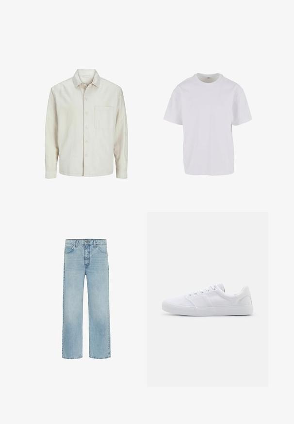 Chemise beige à manches longues en coton, avec un col classique, une poche poitrine et une coupe décontractée. Texture lisse et douce.; T-shirt blanc à manches courtes en coton doux, avec un col rond et une coupe décontractée à ourlet droit. Aucun motif ni accent visible.; Jean en denim bleu clair à coupe droite avec poches avant et fermeture à boutons, présentant un léger délavage et une usure minimale.; Baskets en toile blanches avec une semelle en caoutchouc, dotées de six œillets, d'un embout texturé et d'un design minimaliste.