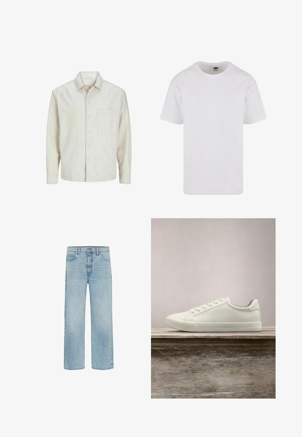 Beige knap-skjorte lavet af bomuld med klassisk krave, lange ærmer, en brystlomme og en afslappet pasform. Glat, blød tekstur.; Hvid T-shirt med rund hals lavet af blød bomuld, med korte ærmer og lige kant. Simpelt, udekoreret design i ensfarvet.; Lyseblå straight-leg denimjeans med forlommer og knaplukning, der viser subtil falming og minimal slid.; Hvide snørresneakers svævende over en træbænk med grønne planter i baggrunden, der fremhæver skodesign og tekstur.