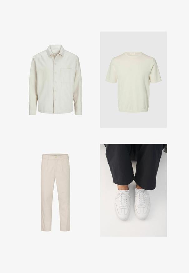 Chemise beige à manches longues en coton, avec un col classique, une poche poitrine et une coupe décontractée. Texture lisse et douce.; Chemise unie crème à manches courtes et col rond présentée sur un fond gris clair.; Pantalon beige en tissu texturé avec une coupe droite, doté d'une fermeture à bouton à l'avant et de poches latérales.; Baskets blanches en cuir avec une texture lisse, bout rond et système de laçage classique, positionnées au-dessus de pantalons sombres et amples.
