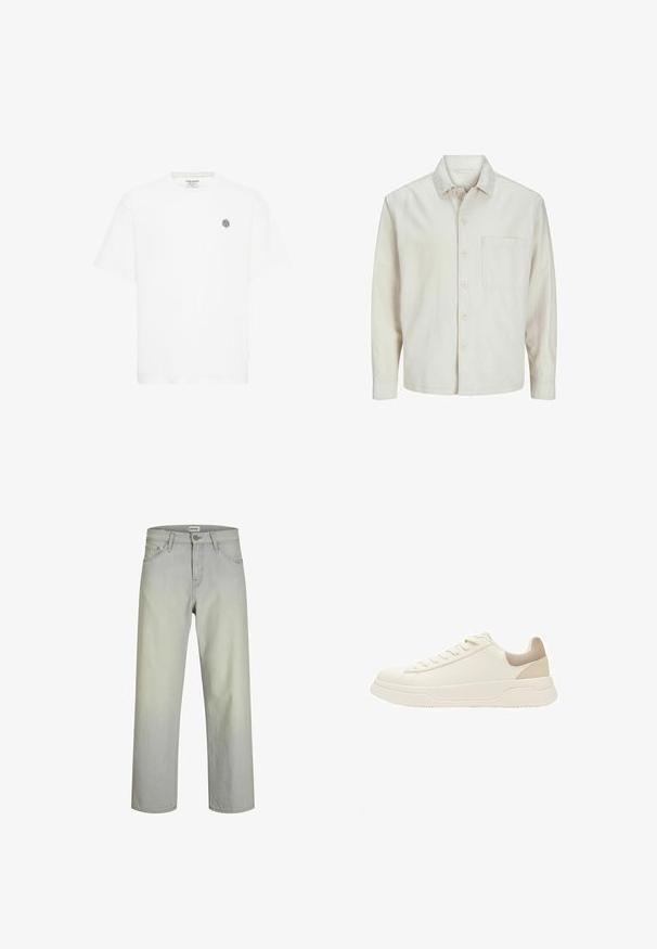 Beige overhemd met knopen, gemaakt van katoen, met een klassieke kraag, lange mouwen, één borstzak en een comfortabele pasvorm. Glad, zacht textuur.; Witte t-shirt met korte mouwen, voorzien van een ronde halslijn en een klein grijs geometrisch logo op de linkerborst. Gemaakt van zacht katoen.; Lichtgrijze recht-toe-rechtaan jeans met een klassiek vijf-pocket ontwerp, knoopsluiting en riemlussen. Gemaakt van denimstof met een gladde textuur.; Lage off-white sneaker met dikke zool, veters aan de voorkant en een beige suède hielstuk, zijaanzicht.