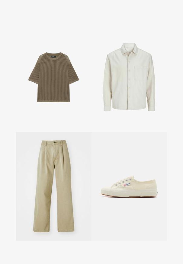 Chemise beige à manches longues en coton, avec un col classique, une poche poitrine et une coupe décontractée. Texture lisse et douce.; Haut tricoté marron à manches courtes avec un col rond et un motif ajouré côtelé.; Pantalons larges beiges en tissu coton, dotés d'une taille haute, de plis avant et d'une fermeture à un bouton.; Baskets en toile beige au design épuré, œillets en métal et semelle en caoutchouc. Présente un motif texturé et un détail de logo sur le côté.