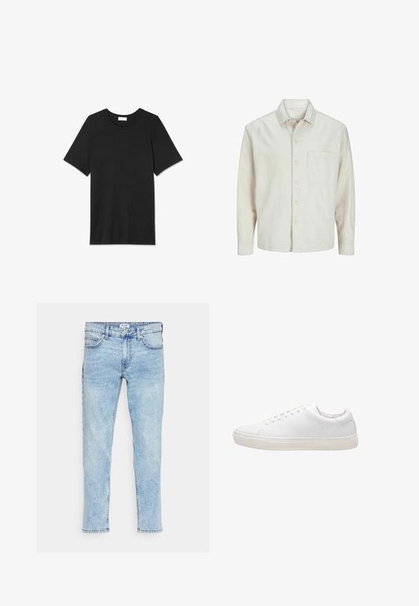 Beige knap-skjorte lavet af bomuld med klassisk krave, lange ærmer, en brystlomme og en afslappet pasform. Glat, blød tekstur.; Sort bomulds T-shirt med korte ærmer, rund halsudskæring og en glat tekstur. Ingen mønstre eller pynt. Enkel og klassisk design.; Lyseblå slim-fit jeans med frontknap og lynlås, bæltesløjfer og klassisk fem-pocket stil.; Hvide lædersneakers med en glat overflade, rund tå, snørebåndslukning og flad gummisål. Minimalistisk design uden synlige mønstre.