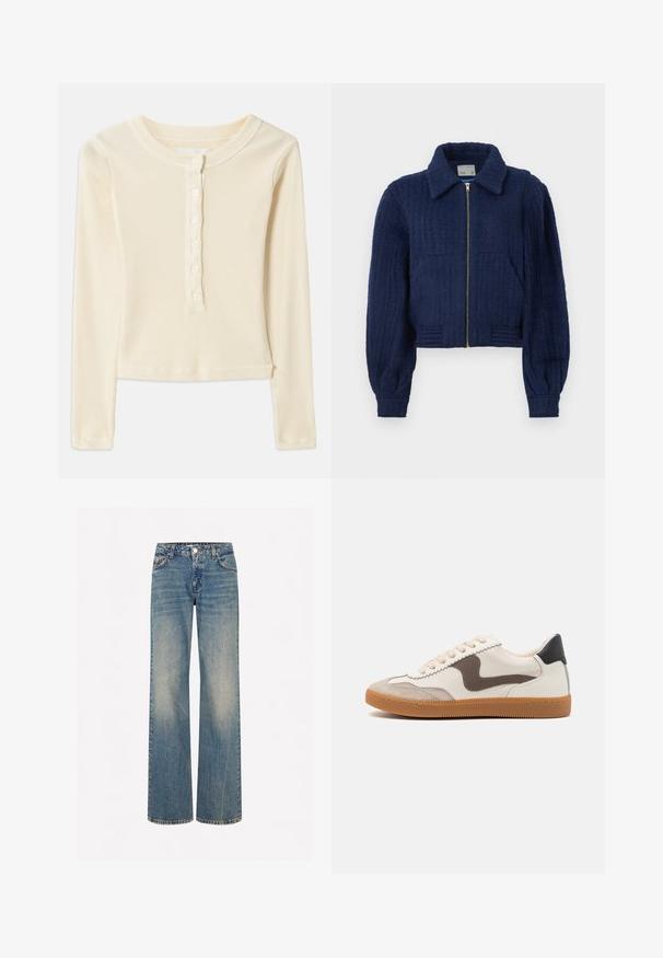 Marineblaue, cropped Jacke aus strukturiertem Stoff, mit Reißverschluss vorne, Kragen und zwei vorderen Taschen. Elastische Bündchen mit Rippdetails.; Helles gelbes, geripptes Langarmoberteil mit Rundhalsausschnitt und sechs Knöpfen als Verschluss vorne. Hat einen cropped Saum und eine weiche Textur.; Hellblaue Denim-Breite-Jeans mit einer verblassten Textur, fünf Taschen, einem Knopfverschluss und Kontrastnähten entlang der Nähte.; Sneaker mit einem Obermaterial aus cremefarbenem Leder und dunkelbrownem Wildlederakzent, beigen Schnürsenkeln und einer Gummisohle; klassisches, niedriges Profildesign.