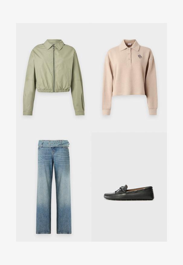 Lichtgroen cropped jack met lange mouwen, puntkraag, ritssluiting aan de voorkant, zijzakken en elastische geplooide tailleband tegen een witte achtergrond.; Beige cropped poloshirt met lange mouwen, geribbelde structuur, drie knopen en een geometrisch logo in donkerblauw op de linkerborst.; Lichtblauwe denim jeans met een brede pijpdesign, voorzien van een bijpassende tailleriem en een geleidelijke vervaging van donker naar licht.; Zwarte leren bootshoe met een ronde neus, gestikte details, een kleine strikaccent en een rubberen zool. Soepele textuur en gestroomlijnd ontwerp.