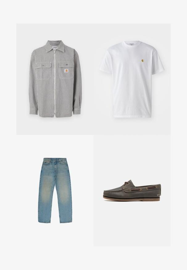 Grijs-wit gestreept shirt met lange mouwen en een ritssluiting, twee klepzakken aan de voorkant, een kraag en een klein oranje logoplaatje op de rechterzak.; Witte katoenen t-shirt met korte mouwen en ronde hals, voorzien van een klein gouden logo op de linkerkant van de borst. Zachte textuur en een normale pasvorm.; Lichtblauwe rechte jeans van denim, met een vervaagde structuur en een middelmatige wassing, vijf zakken en een ritssluiting.; Donkerbruin leren bootschoen met een low profile, voorzien van messing oogjes en contrasterende stiksels, platte rubberen zool en een textuurfinish.