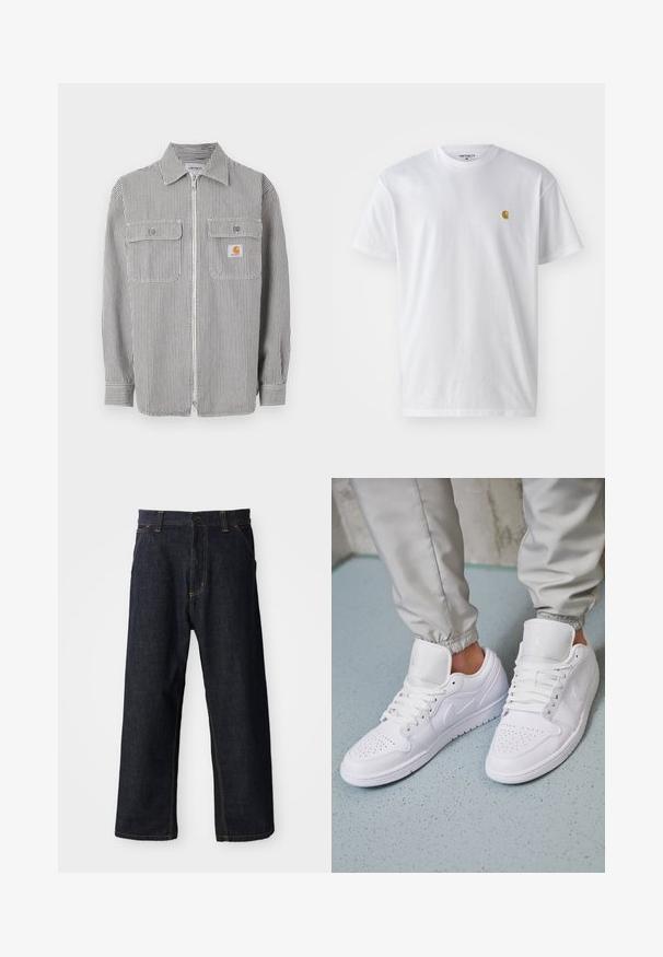 Grijs-wit gestreept shirt met lange mouwen en een ritssluiting, twee klepzakken aan de voorkant, een kraag en een klein oranje logoplaatje op de rechterzak.; Witte katoenen t-shirt met korte mouwen en ronde hals, voorzien van een klein gouden logo op de linkerkant van de borst. Zachte textuur en een normale pasvorm.; Donkerblauwe denim broek met een rechte pasvorm, voorzien van gele stiksels, voorzakken en een knoopsluiting bij de taille.; Witte leren sneakers met een geperforeerde neus, platte veters, een gepolsterde kraag en het Jordan-logo op de tong. Gediend met grijze joggers.