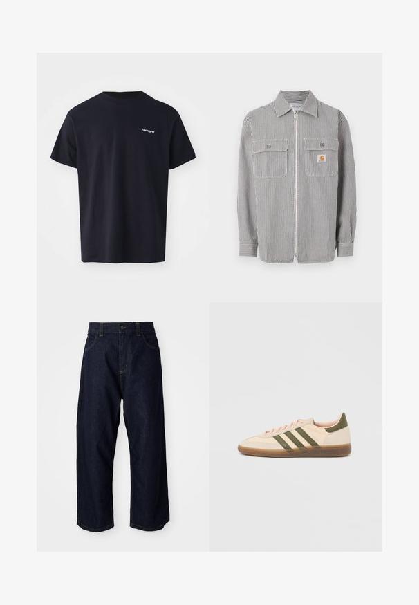Langärmliges graues und weißes Hemd mit vertikalen Streifen, Reißverschluss, zwei aufgesetzten Taschen vorne, einem Kragen und einem kleinen orangefarbenen Logopatch auf der rechten Tasche.; Schwarzes Baumwoll-T-Shirt mit kurzen Ärmeln, Rundhalsausschnitt und einem dezenten weißen Logo im linken Brustbereich. Glatte Textur, normale Passform.; Dunkelblaue Jeanshose mit lockerer Passform, ausgestattet mit einem Knopfverschluss, Gürtelschlaufen und gelben Nähten an Taschen und Säumen.; Flacher, beigefarbener Adidas Spezial Sneaker mit grünen Streifen, Gummisohle und "SPEZIAL" Schriftzug an der Seite, von der Außenseite gezeigt.