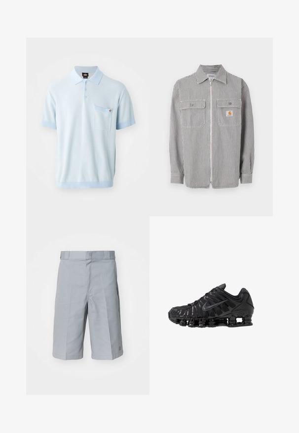 Chemise à manches longues zipée grise et blanche à rayures verticales avec deux poches à rabat à l'avant, un col et un petit écusson de logo orange sur la poche droite.; Polo shirt bleu clair en tissu texturé, doté de trois boutons, de manches courtes avec des poignets contrastés et d'une poche poitrine avant.; Shorts gris clair en tissu résistant, dotés d'une coupe droite, d'une taille avec passants de ceinture et de détails de plis subtils.; Chaussures de sport noires en mesh et matériaux synthétiques, présentant un design ondulé distinct, une semelle en caoutchouc noire et des accents réfléchissants.