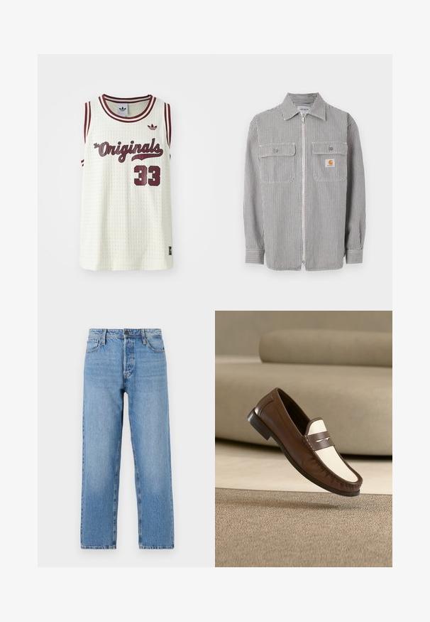 Hõlmiklukuga pikkade varrukatega särk halli ja valge vertikaalse triibuga, millel on kaks esiosa plekiga taskut, krae ja väike oranž logoplaat paremal taskul.; Valge võrkkangas sansleeve jersey maroon aktsentidega, tekstiga "The Originals", number 33 ja väike logo vasakul rinnal.; Heledsinine teksapüksid sirge sääre disainiga, varustatud nööbi ja tõmbluku kinnitusega, viie tasku stiiliga ning kerge kulumisega.; Pruunvalge nahast loafer-kinga hõljumine beeži vaiba kohal, taustal ähmane beež diivan.