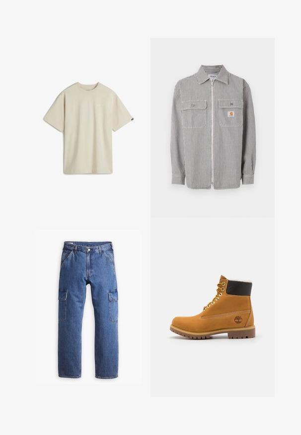 Langärmliges graues und weißes Hemd mit vertikalen Streifen, Reißverschluss, zwei aufgesetzten Taschen vorne, einem Kragen und einem kleinen orangefarbenen Logopatch auf der rechten Tasche.; Beige Baumwoll-T-Shirt mit kurzen Ärmeln, Rundhalsausschnitt und kleinem weißen Logo auf der Brust. Glatte Textur mit lässiger Passform.; Blaue Denim-Cargo-Shorts mit geradem Bein, zwei seitlichen Taschen und sichtbaren Nahtdetails. Insgesamt ein lässiger und funktionaler Stil.; Braune Leder-Ankle-Boots mit Metallösen, weißem Kunstfellfutter, schwarzem gepolstertem Kragen, robustem Sohlenprofil und geprägtem Logo an der Seite.