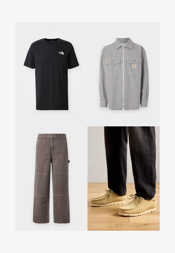 Langærmet grå og hvid vertikalt stribet skjorte med lynlås, to klaplommer foran, en krave og en lille orange logo på den højre lomme.; Sort bomulds t-shirt med korte ærmer, rund hals, med et lille hvidt logo på venstre bryst. Blød tekstur, afslappet pasform.; Bredde ben bukser i en falmet brun farve, lavet af holdbart stof med kontrasterende syninger. Har paneldetaljer og en sidelomme.; Beige ruskind snørebåndssko bæres med sorte bukser på et trægulv, der viser en afslappet og komfortabel stil.