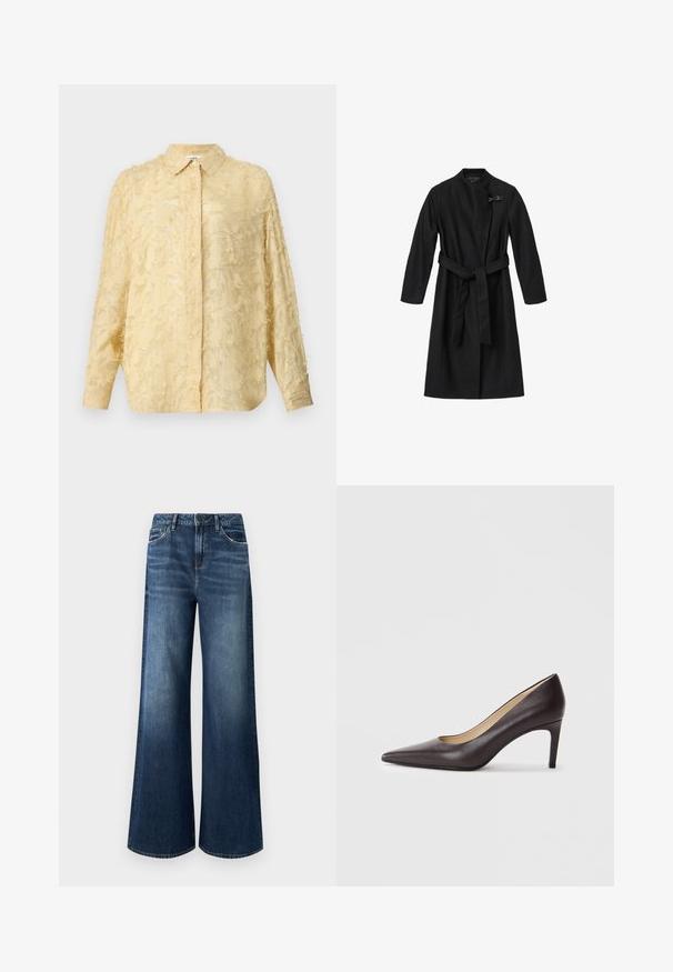 Manteau noir en tissu lisse et texturé. Présente un design enveloppant, des manches longues et une ceinture à nouer à la taille. Comprend une agrafe décorative.; Blouse jaune clair à manches longues, en tissu texturé avec des détails effilochés, fermeture à boutons et col défini. Présente une coupe décontractée.; Jean à jambes larges en denim bleu foncé, avec une taille haute, un design à cinq poches et un léger délavage avec une texture lisse.; Chaussure à talon haut en cuir marron à bout pointu avec un talon fin de 7 cm, texture lisse et design minimaliste. Pas d'ornements visibles.