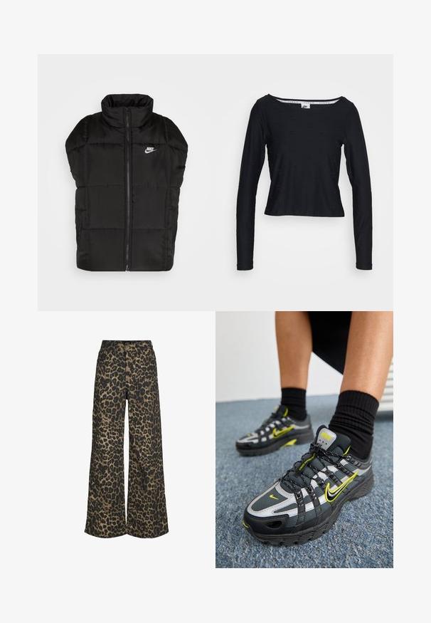 Chaleco acolchado negro con collar alto, cremallera frontal y bolsillos laterales. Presenta paneles cosidos, realzados por un pequeño logotipo de Nike.; Nike Sportswear AIR - Camiseta de manga larga - black; Pantalones de pierna ancha con un estampado integral de leopardo marrón y negro y cierre frontal con botones y cremallera.; Zapatillas deportivas en negro y gris con acentos reflectantes plateados, paneles de malla texturizada y detalles en amarillo brillante. Diseño con cordones y suela estructurada.