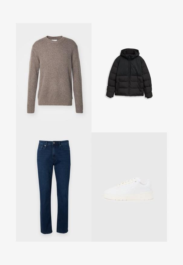 Sort isoleret vinterjakke med hætte, frontlynlås, lynlåslommer på siden og justerbare snore på hætten.; Brun, strikket sweater med rund hals, lange ærmer og ribbede manchetter og kant, som har en blød, tekstureret overflade.; Mørkeblå denim straight-leg jeans med fem lommer, bæltestropper og en metalknaplukning i taljen. Glat tekstur og klassisk design.; Hvid sneaker med en glat læderoverdel og præget logo. Har beige snørebånd og en tekstureret gummisål med hvide detaljer.