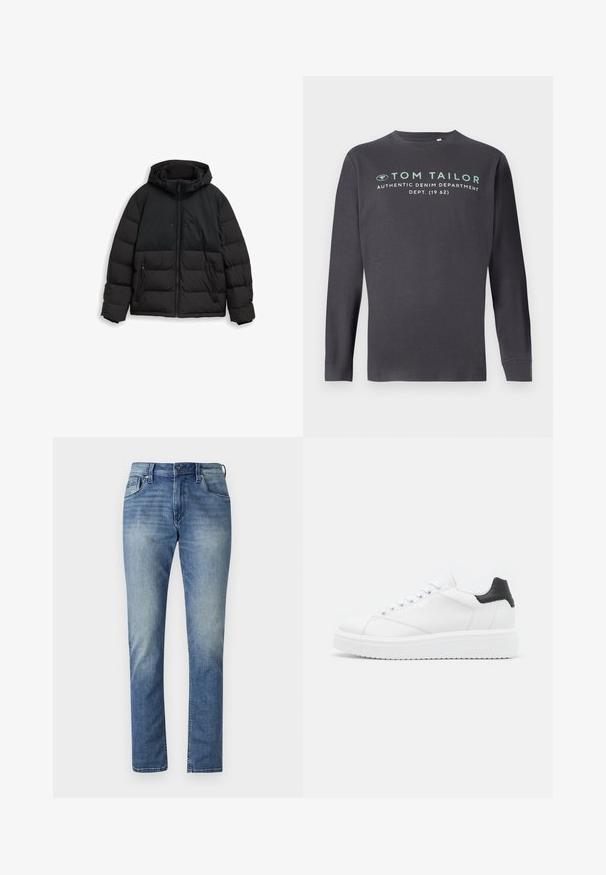 Sort isoleret vinterjakke med hætte, frontlynlås, lynlåslommer på siden og justerbare snore på hætten.; TOM TAILOR PRINTED - Langærmet T-shirt - tarmac grey; Lyseblå denimjeans med lige pasform, fem lommer og en lysvasket finish. Har en knaplukning og bæltestropper.; Hvide lædersneakers med en sort hælflap, flade snørebånd, struktureret mellemsål og branding på ydersiden. Designet til afslappet brug.