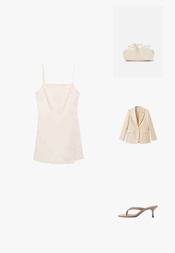 Beige blazer met één knoop, versterkte revers, lange mouwen en twee klepzakken, getoond op een witte achtergrond.; Lichtbeige mouwloze top met dunne bandjes, met een eenvoudig recht ontwerp en een gladde, licht glanzende textuur. Geen patronen of accenten.; Beige lakleren sandalen met hak, een spitse kittenhak en een smalle zool, zijaanzicht op een witte achtergrond.; Zachte, crèmekleurige leren clutch met geplooid, gerimpeld ontwerp en een dunne schouderriem die vooraan op een effen achtergrond ligt.