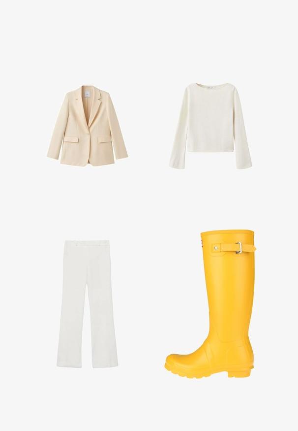 Beige blazer med en enkelt knap, notch revers, lange ærmer og to klaplommer, vist på en hvid baggrund.; Off-white langærmet sweater med bred rund halsudskæring og let udvidede ærmer, lavet af blødt strikket stof.; Hvide, vide bukser lavet af letvægtsstof, med en glat overflade og uden synlige mønstre eller hardware.; Gul gummistøvle med en glat overflade, justerbar spænde, og tekstureret sål for bedre greb. Høj design, rund tå, og sømløs krop.