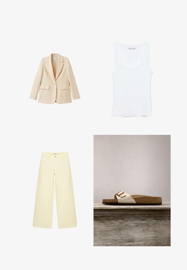 Beige blazer met één knoop, versterkte revers, lange mouwen en twee klepzakken, getoond op een witte achtergrond.; Effen witte mouwloze tanktop met ronde hals, gemaakt van zachte stof, met een label aan de binnenkant van de kraag dat merk en maat aangeeft.; Wijde crèmekleurige jeans met voorzakken, riemlussen en een knoopsluiting in de taille.; Slide-sandaal met een lichte metallic bovenkant, kurken voetbed en een gestructureerde bruine rubberen zool. Gespdetail met logo-accent.